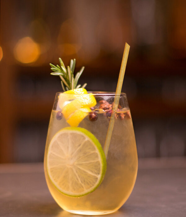 Gin and tonic cocktail with lemon and rosemary garnish